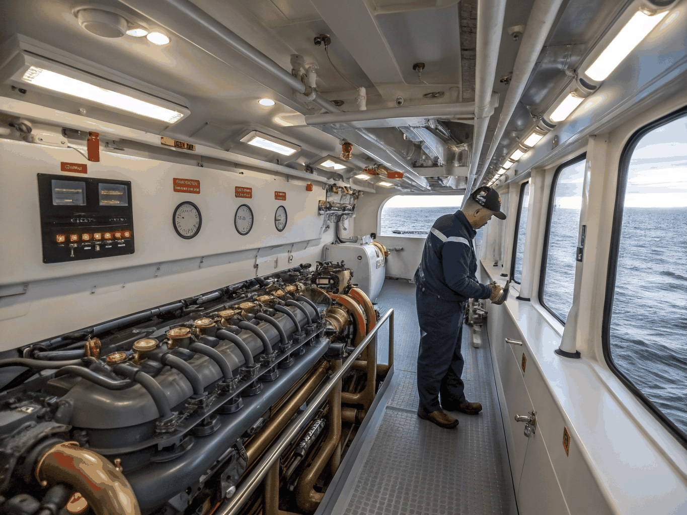Engineer inspecting ship engine components