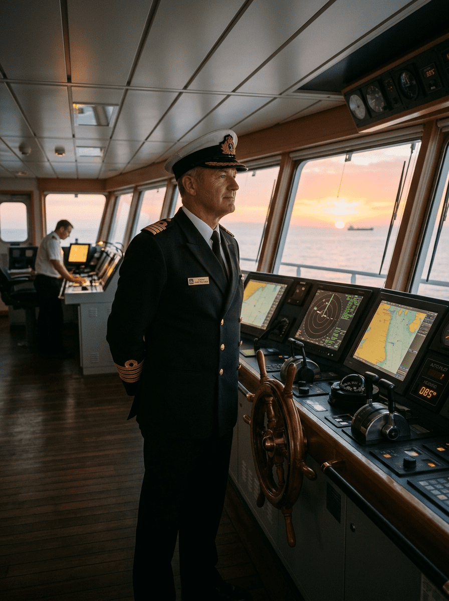 Job Offerings | Shipcare Ship captain on the bridge