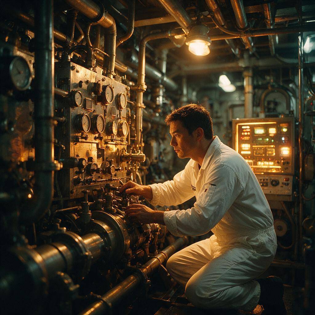 Marine engineer inspecting engine room equipment