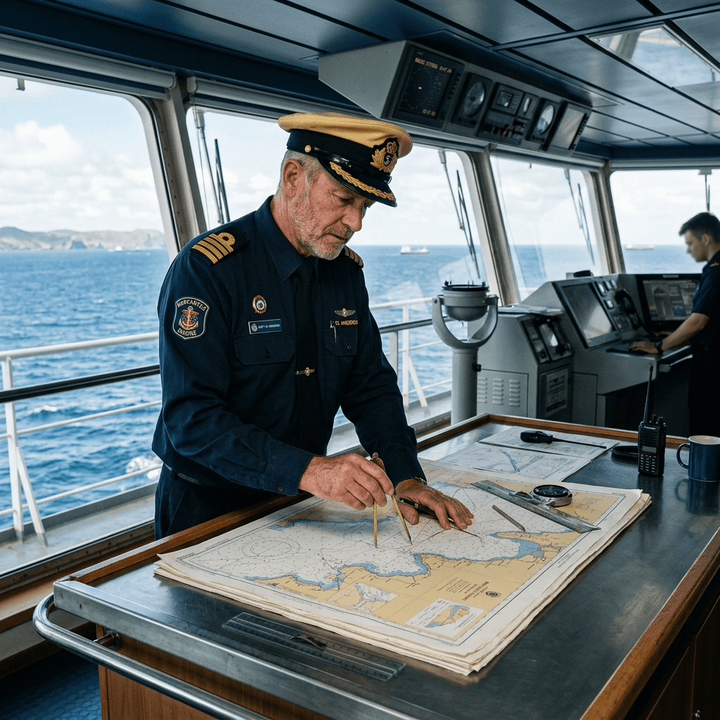 Deck officer reviewing navigation charts on the bridge