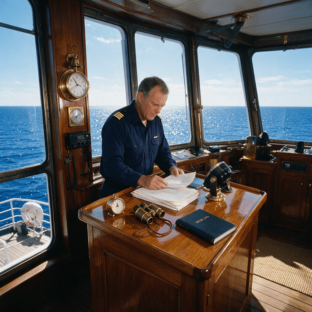 Home | Shipcare Maritime officer reviewing documents on a vessel bridge