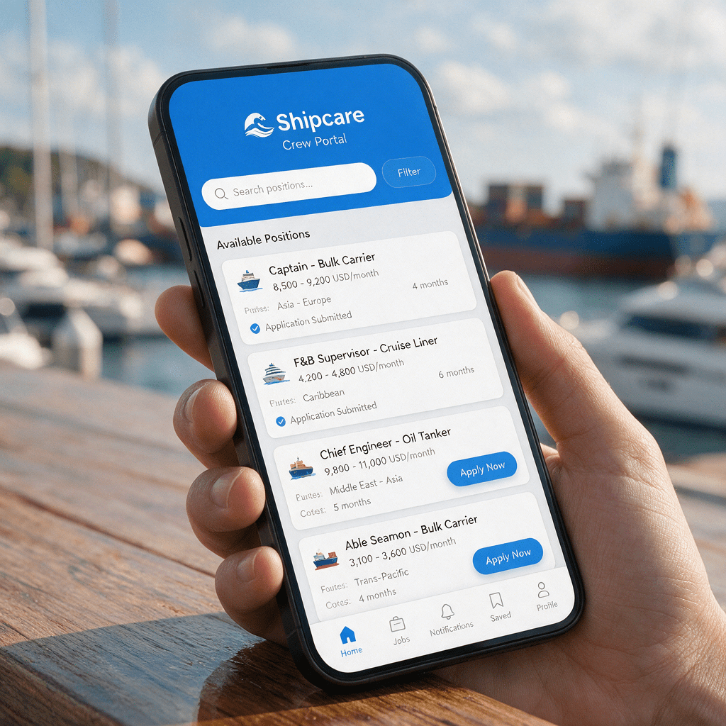 Home | Shipcare Hand holding a phone showing the Shipcare crew portal