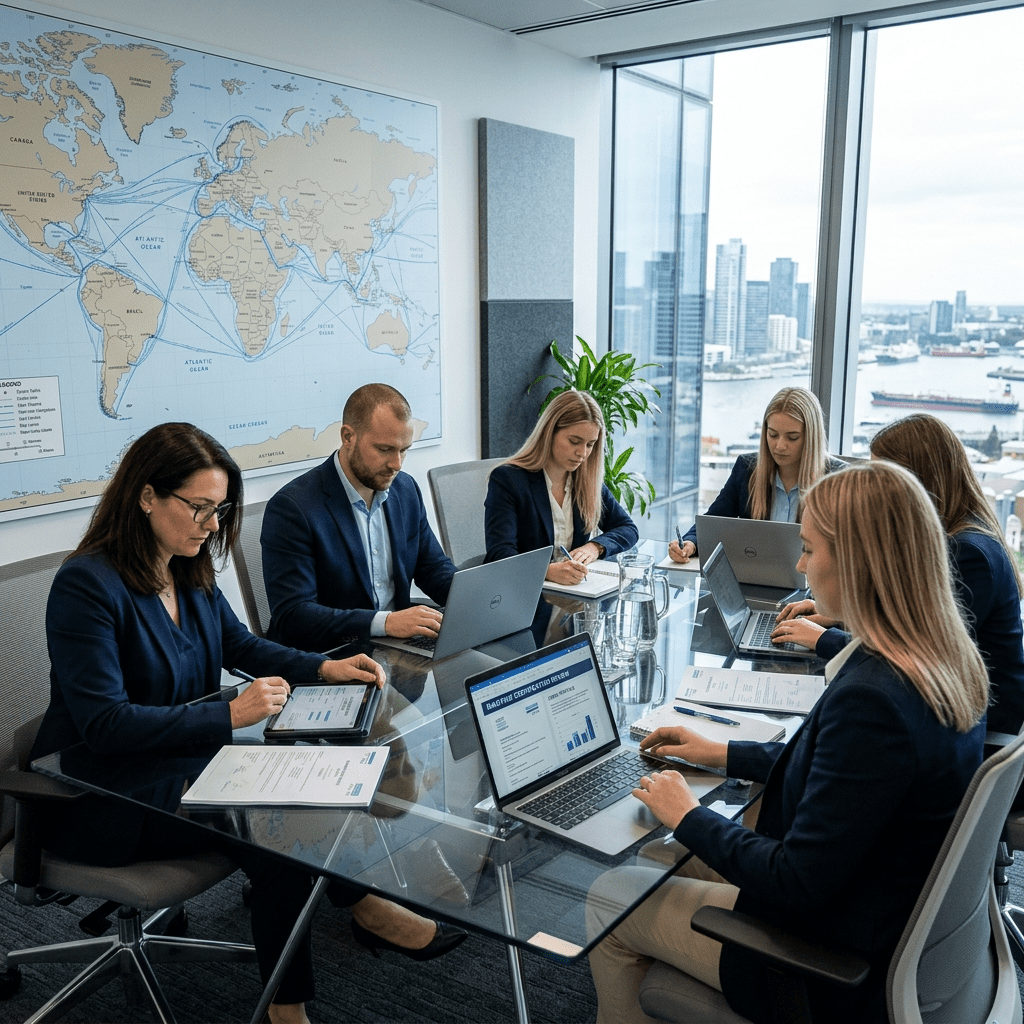 Home | Shipcare Recruitment team reviewing maritime certifications